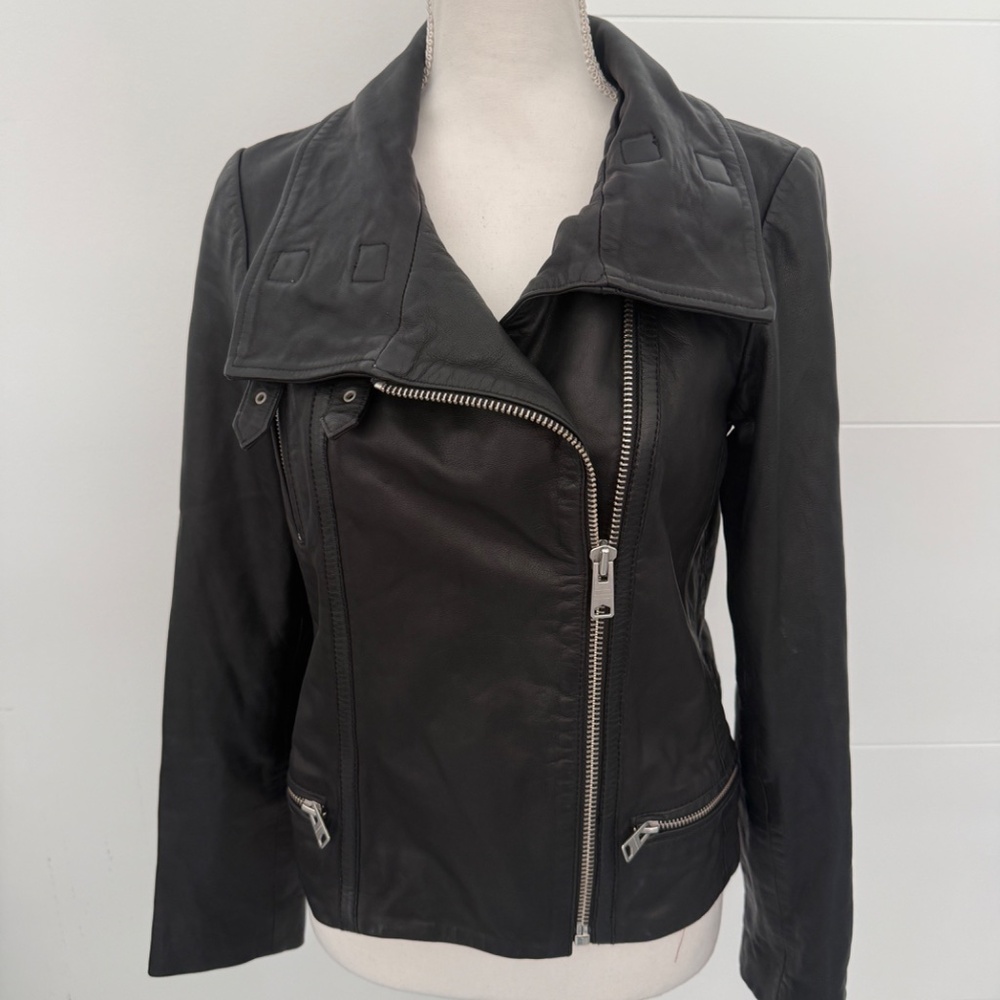 All Saints Black Leather Cropped Bomber High Neck Jacket US 6 - Picture 6 of 11